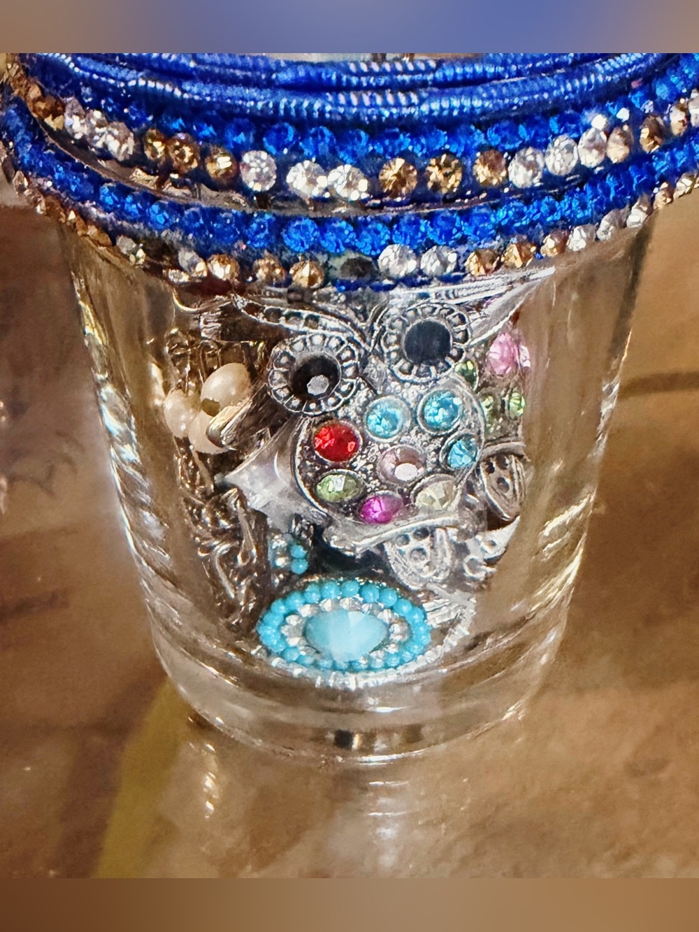 Silver Tone Jewelry Jar Multicolor Crystal Owl and Blue Beaded Earrings